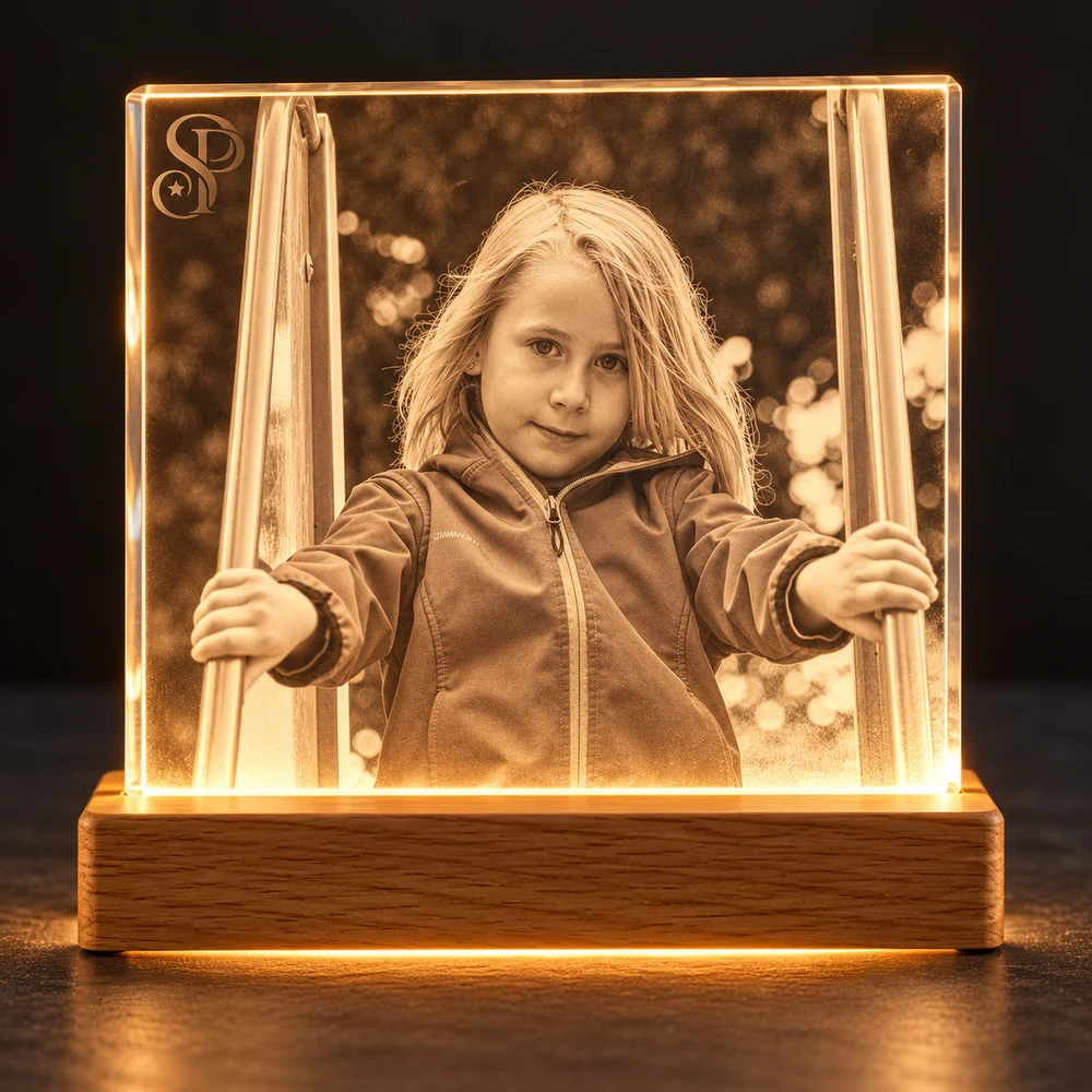 Produktentwurf: beleuchtetes Kinderportrait in Acryl auf einem Holzsockel
