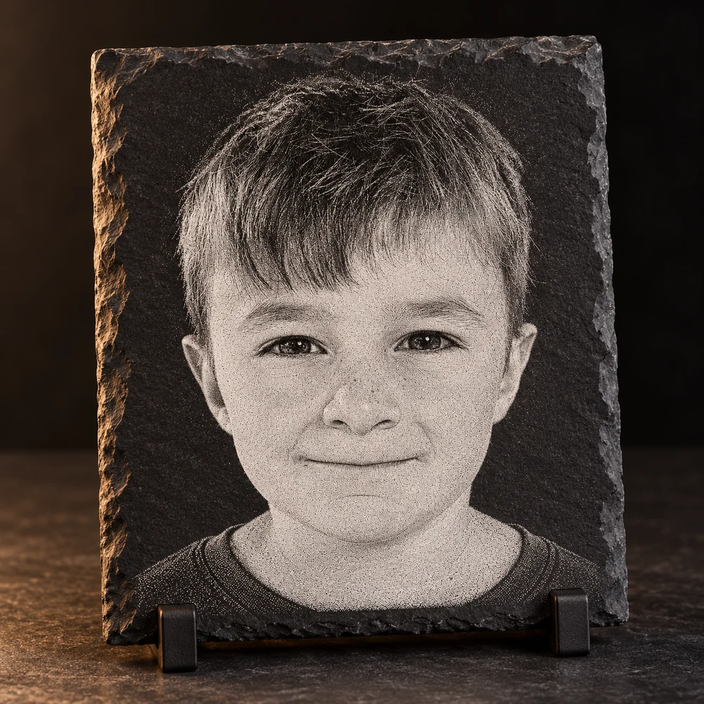 Portraitgravur auf Schiefer mit StarPix-Portfoliomotiv