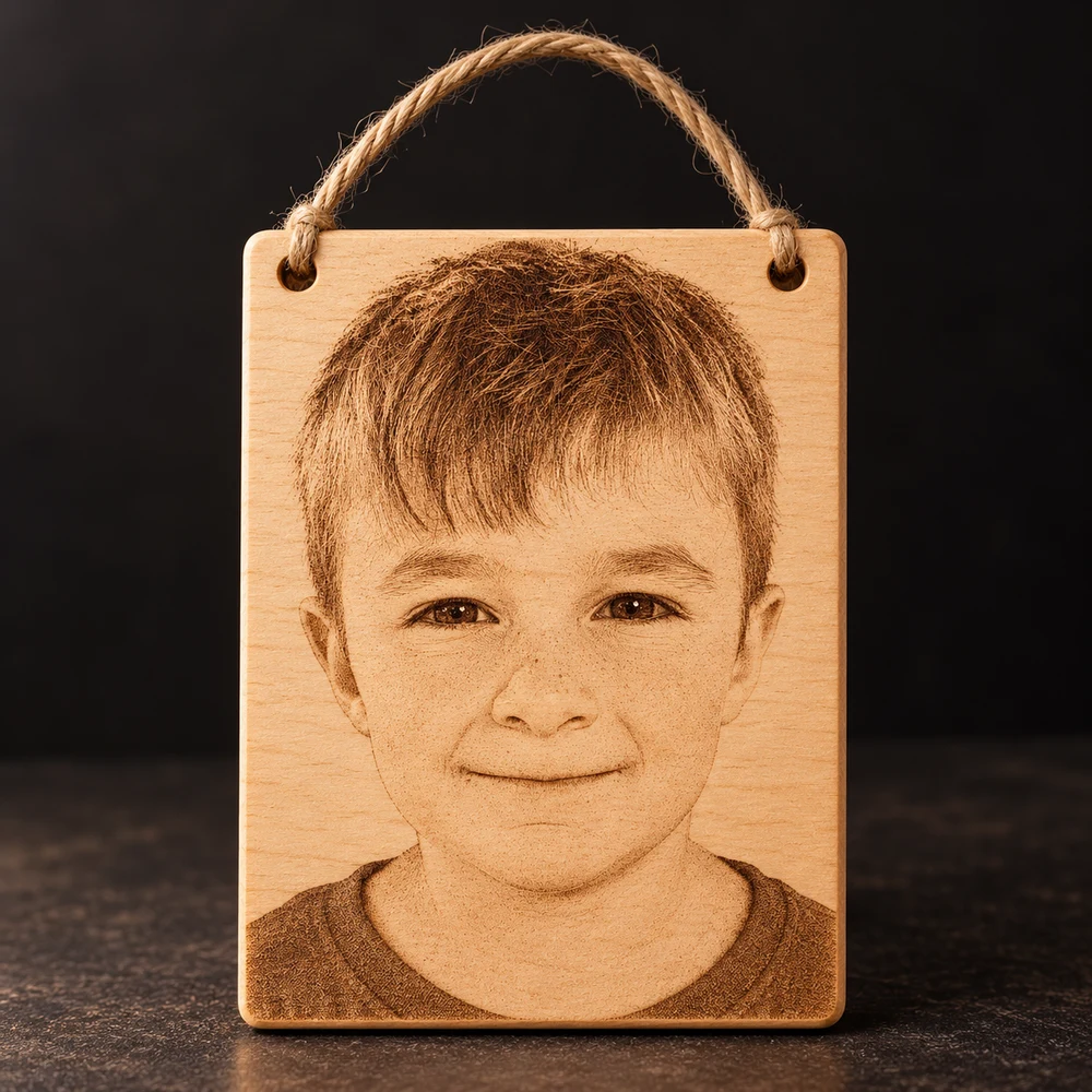 Hängendes Fotoschild aus Holz mit StarPix-Portfoliomotiv